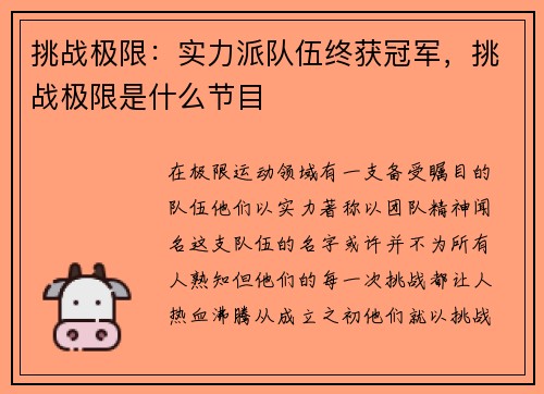 挑战极限：实力派队伍终获冠军，挑战极限是什么节目