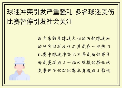 球迷冲突引发严重骚乱 多名球迷受伤比赛暂停引发社会关注