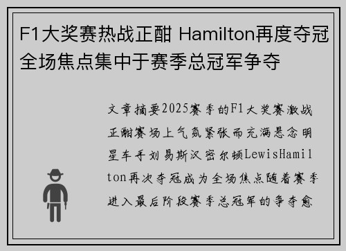 F1大奖赛热战正酣 Hamilton再度夺冠全场焦点集中于赛季总冠军争夺