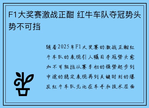 F1大奖赛激战正酣 红牛车队夺冠势头势不可挡