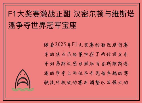 F1大奖赛激战正酣 汉密尔顿与维斯塔潘争夺世界冠军宝座